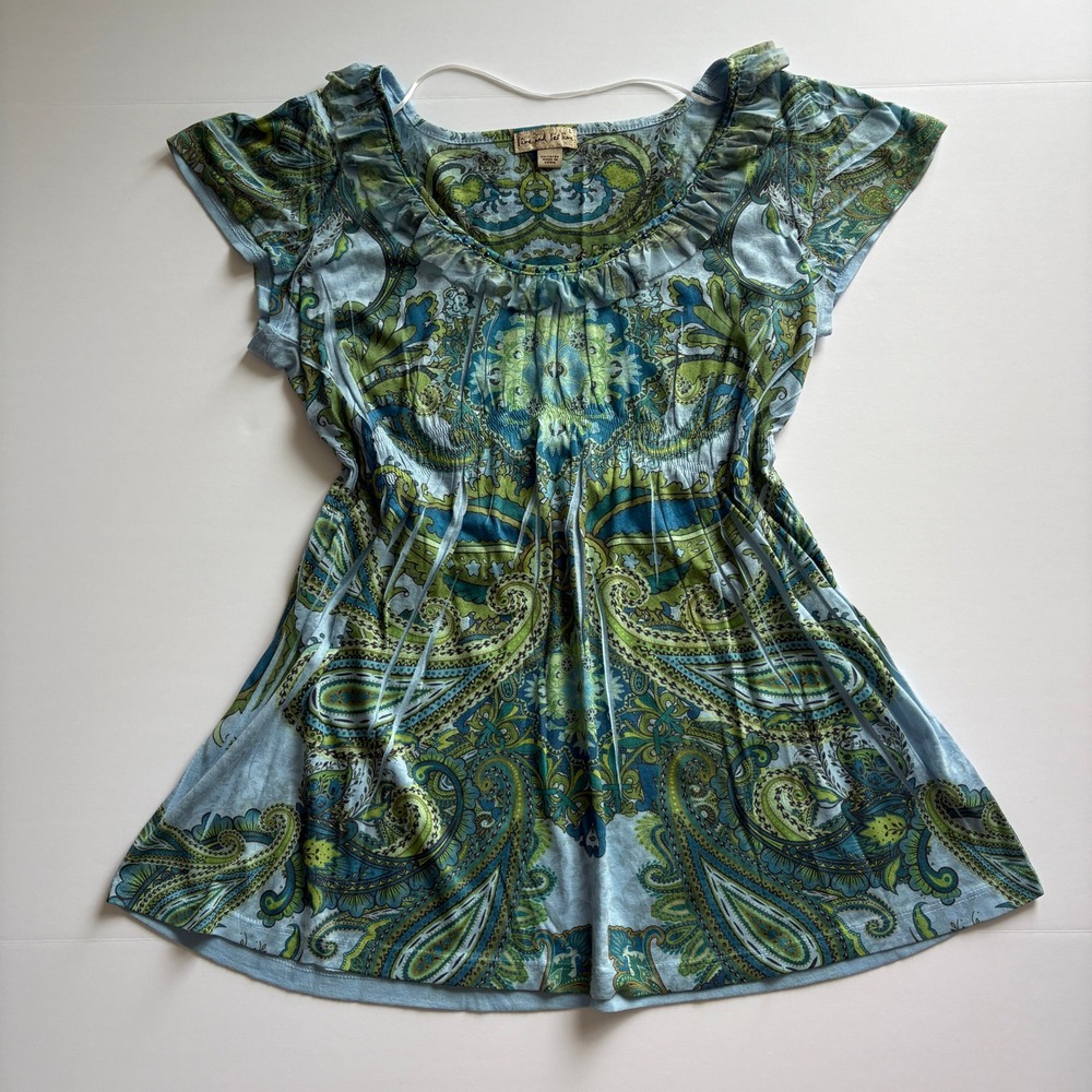 Y2K Live and Let Live Paisley Rhinestone Ruffle Empire Waist Top
